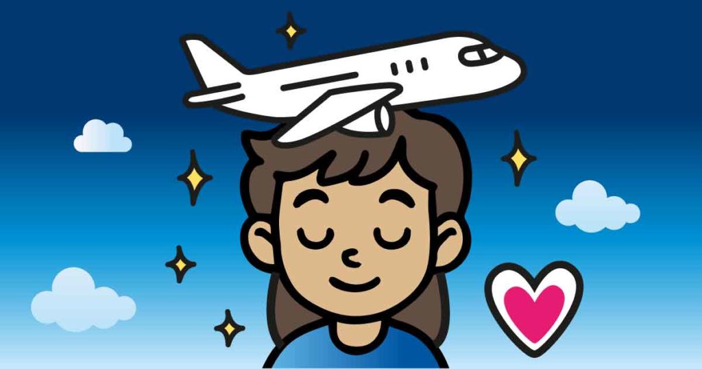 Frau mit geschlossenen Augen und Flugzeug über dem Kopf – CalmFly vermittelt Ruhe und Vertrauen beim Fliegen.