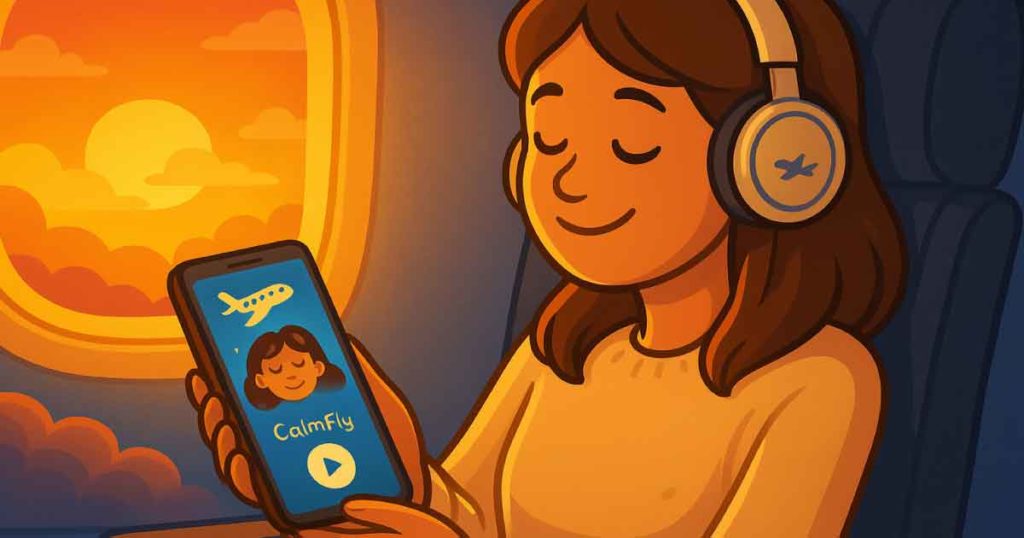 Mentale Ruhe beim Fliegen mit CalmFly – Frau mit Kopfhörern im Flugzeug, hört beruhigende Audioübungen auf Smartphone