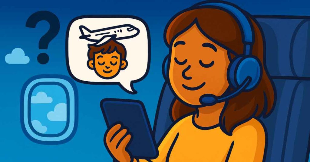 Frau mit Kopfhörern nutzt CalmFly App zur Entspannung während des Fluges