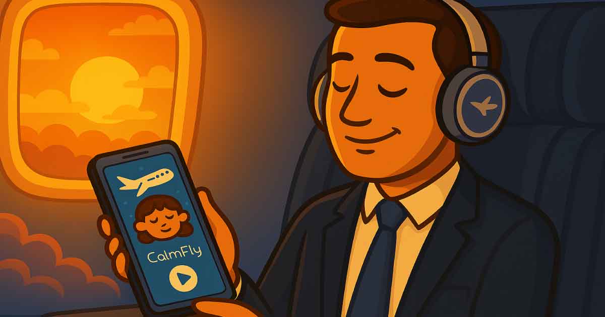 Vielfliegender Geschäftsmann nutzt CalmFly App zur mentalen Entspannung im Flugzeug
